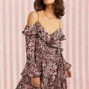 pink floral lace trim wrap mini dress